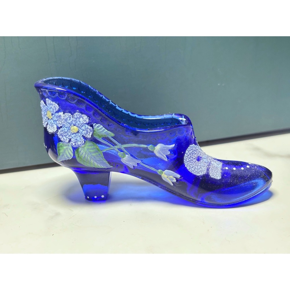 Fenton Cobalt Blue Glass Slipper 95th Anniversary Hand Painted Julee Drayer 6in